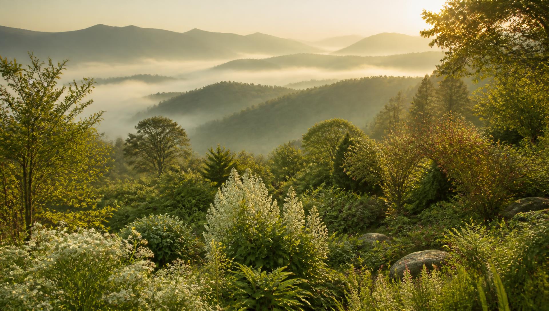 Misty Blue Ridge Mountains at sunrise with lush native plants in the foreground